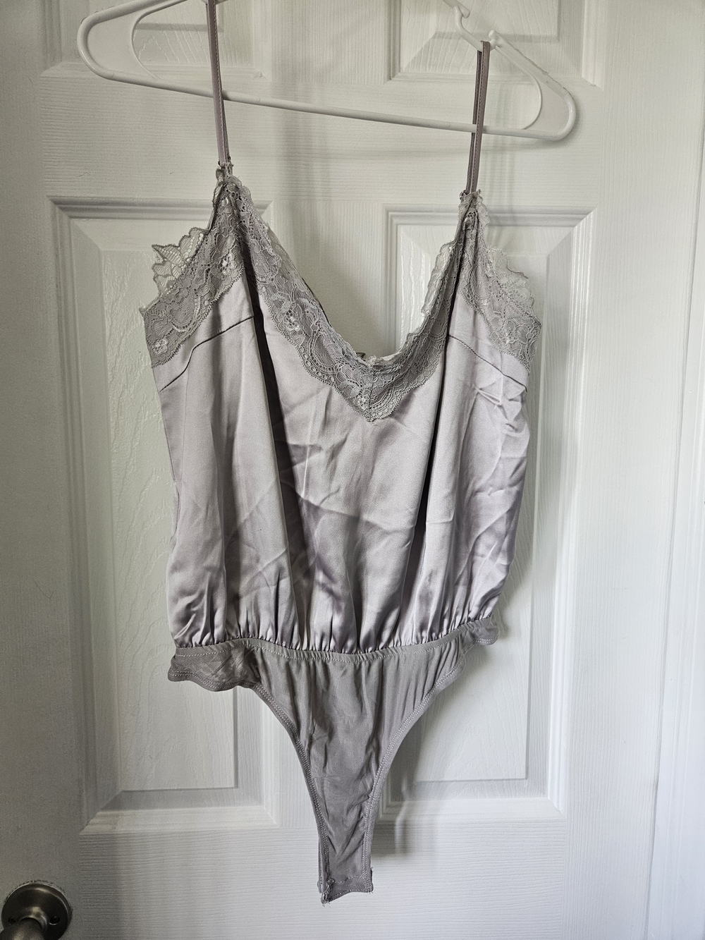 Fashion Nova Silver-Gray Satin Lace-Trim Bodysuit